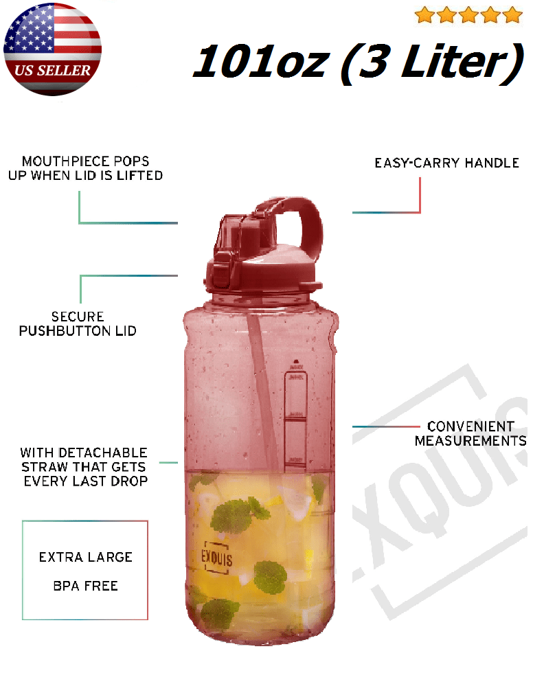 3 Liter BPA Free Large Sports Water Bottle 100 oz. Handle+ Straw No